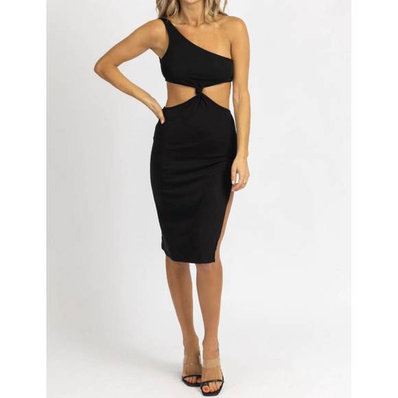 NEW CRESCENT front knot asymmetric midi dress in black - Picture 1 of 5